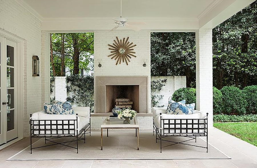 White Contemporary Patio Fireplace Backyard Remodel